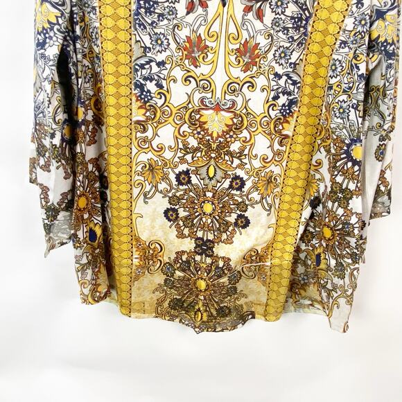 World Unity XXL Plus Womens Yellow Boho Print Multicolor Bell Sleeve Top - Picture 3 of 8